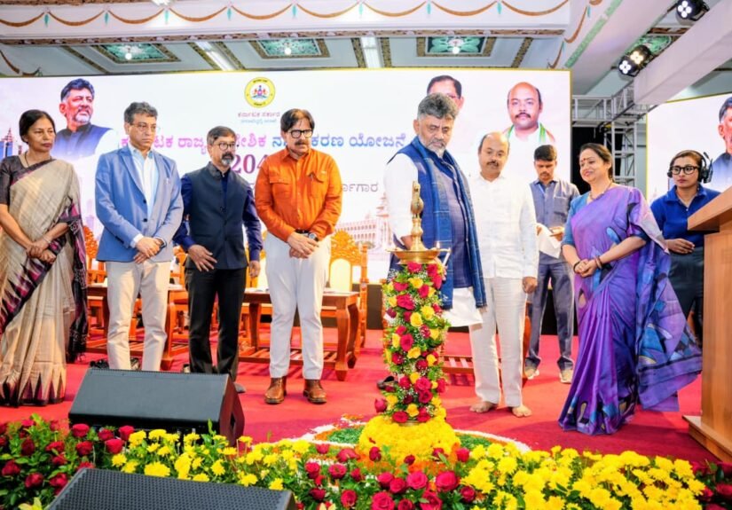 Chief Minister D K Shivakumar with officials at the Karnataka Regional Urbanisation Plan 2047 launch at Vidhana Soudha.