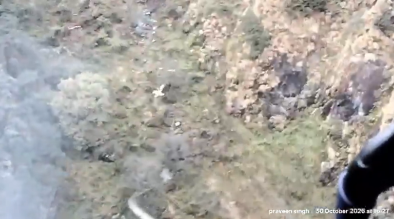 Helicopter wreckage seen from a rescue helicopter near Joshimath, Uttarakhand