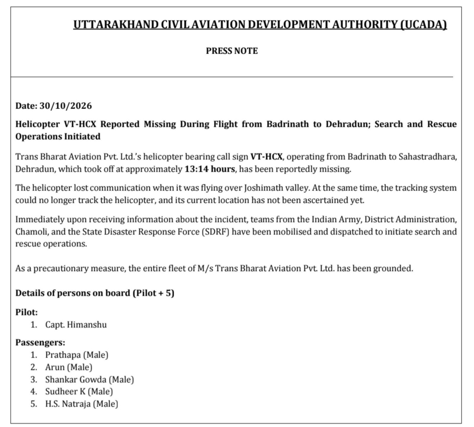 UCADA press note about the VT-HCX helicopter flight after it was reported missing