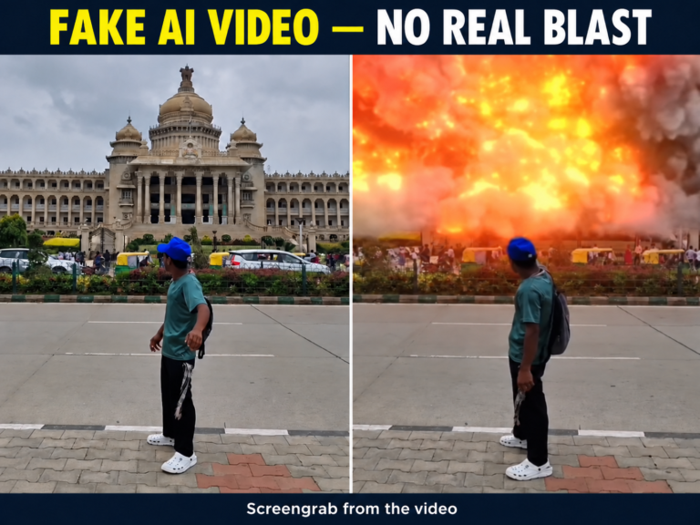 Two frames from the manipulated Vidhana Soudha video, labelled fake AI video with no real blast.