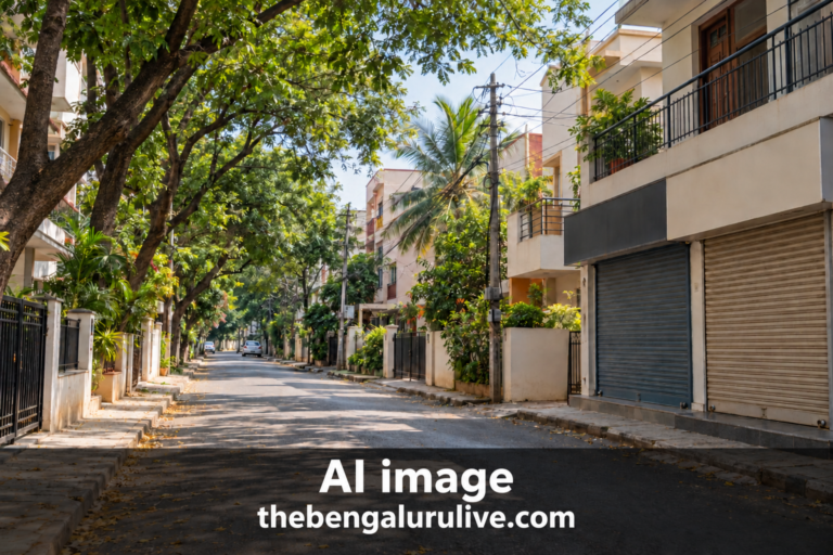 AI-generated representational image of a leafy residential lane with closed storefront shutters; not the actual Yelahanka premises