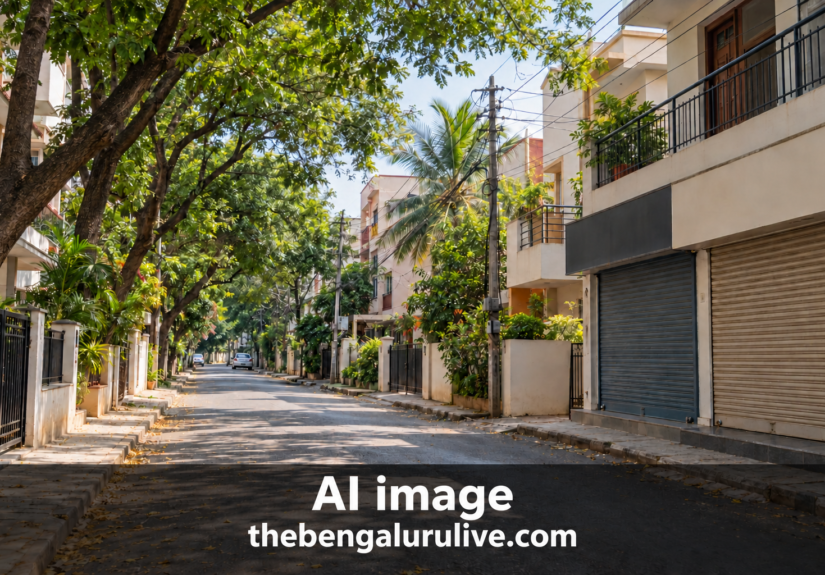 AI-generated representational image of a leafy residential lane with closed storefront shutters; not the actual Yelahanka premises